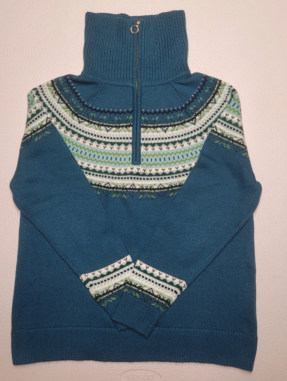 Talbots Womens MP Teal Fair Isle Mock Neck 1/4 Zip Pullover Sweater Nordic Knit